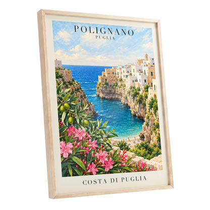 Puglia Coastal Bloom, blue, green, pink nature wall art shown as a oak framed poster wall art print