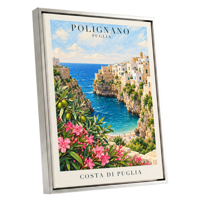 Puglia Coastal Bloom, blue, green, pink nature wall art shown as a silver framed canvas wall art