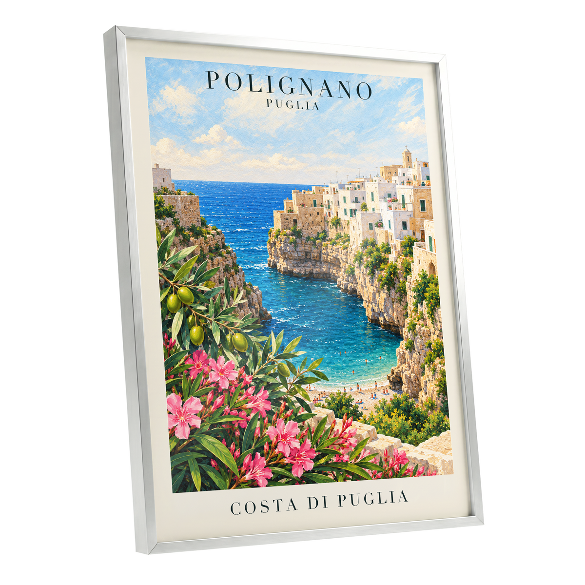 Puglia Coastal Bloom, blue, green, pink nature wall art shown as a silver framed poster wall art print