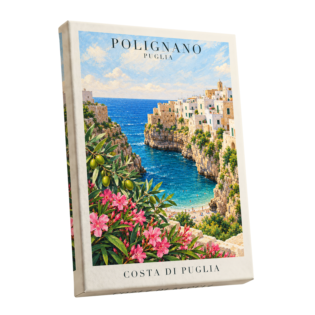 Puglia Coastal Bloom, blue, green, pink nature wall art shown as a stretched canvas wall art