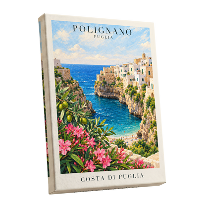 Puglia Coastal Bloom, blue, green, pink nature wall art shown as a stretched canvas wall art