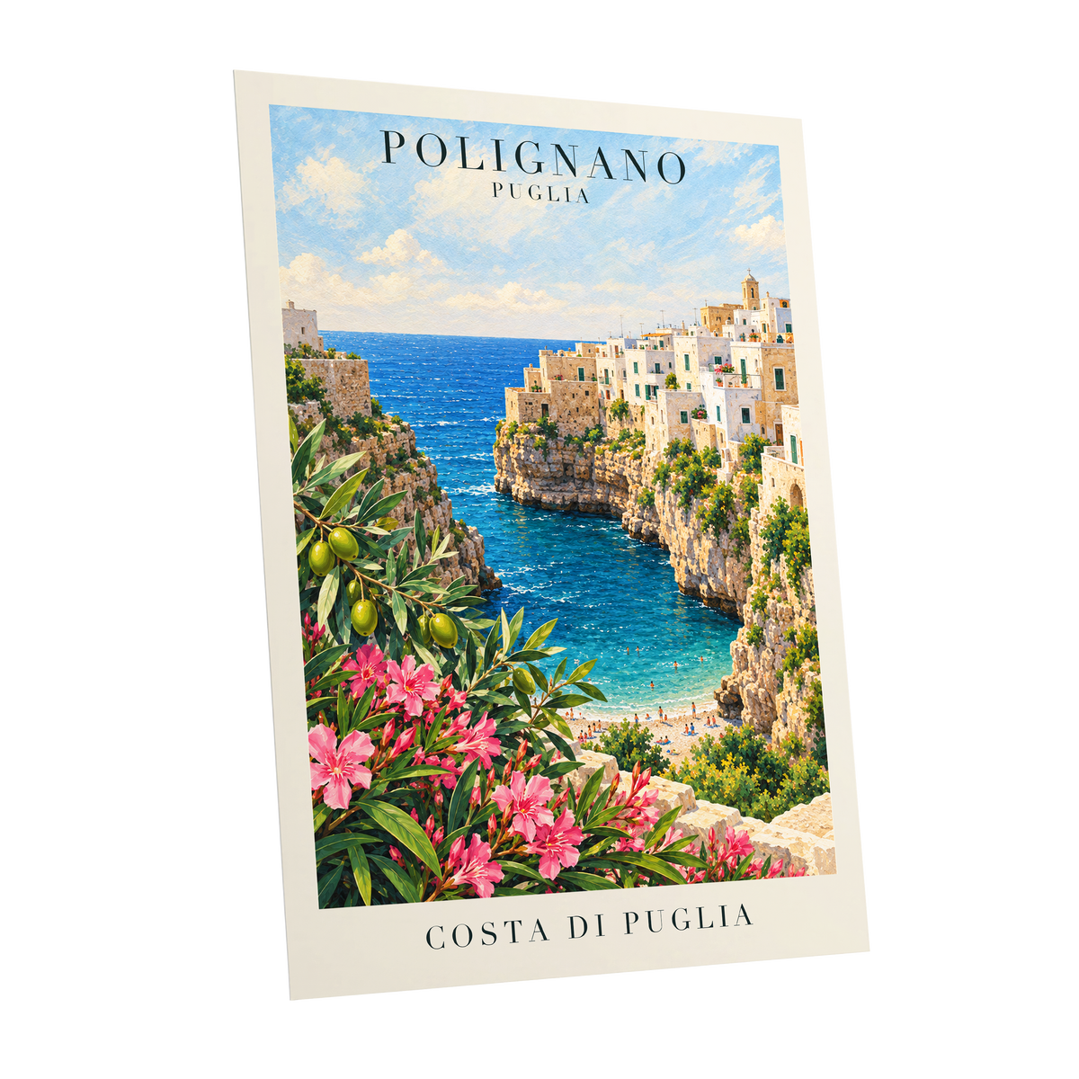 Puglia Coastal Bloom, blue, green, pink nature wall art shown as a unframed poster wall art print