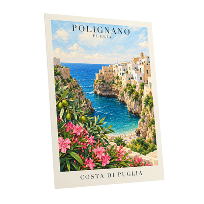 Puglia Coastal Bloom, blue, green, pink nature wall art shown as a unframed poster wall art print