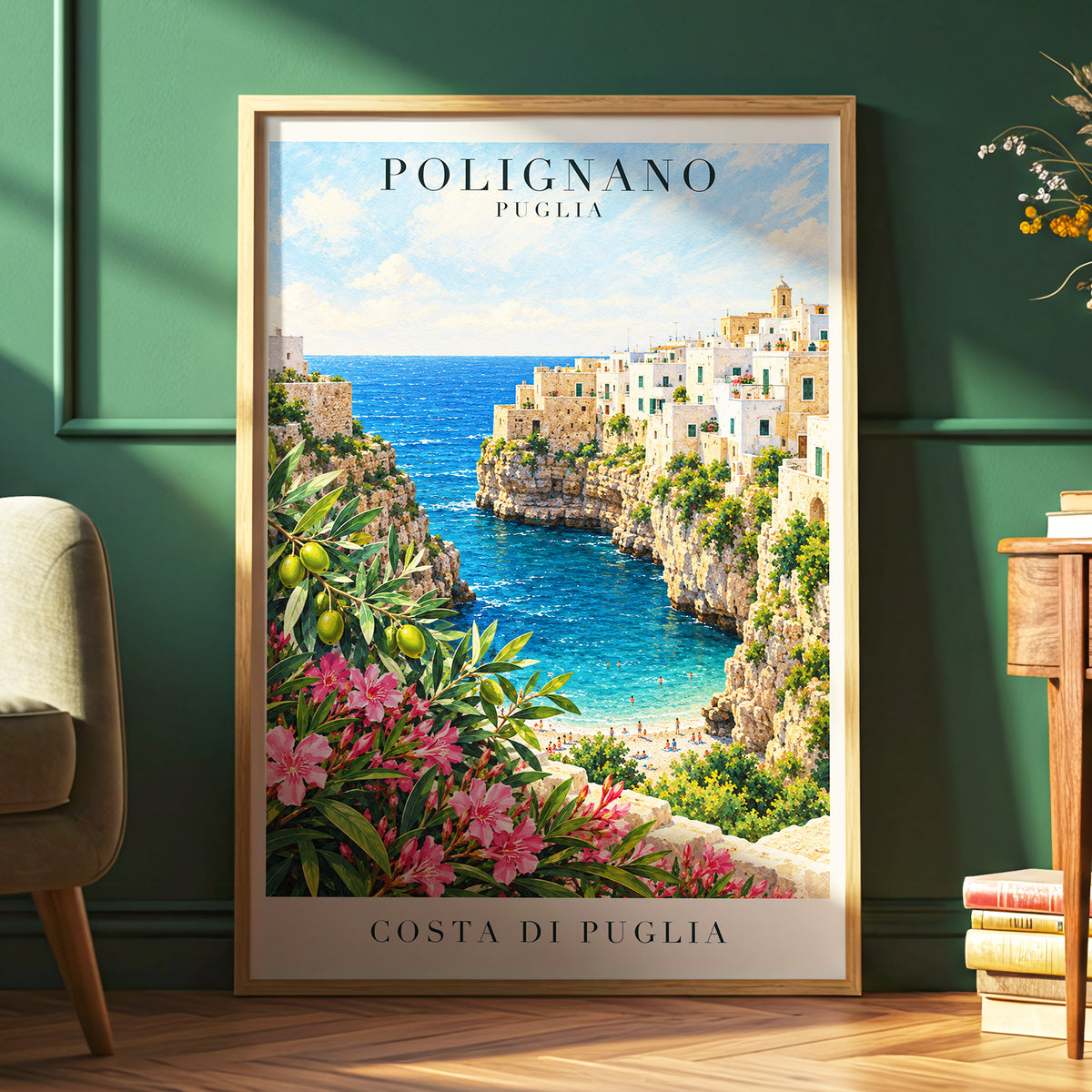 Puglia Coastal Bloom, blue, green, pink nature wall art displayed in a styled interior, gallery view 2