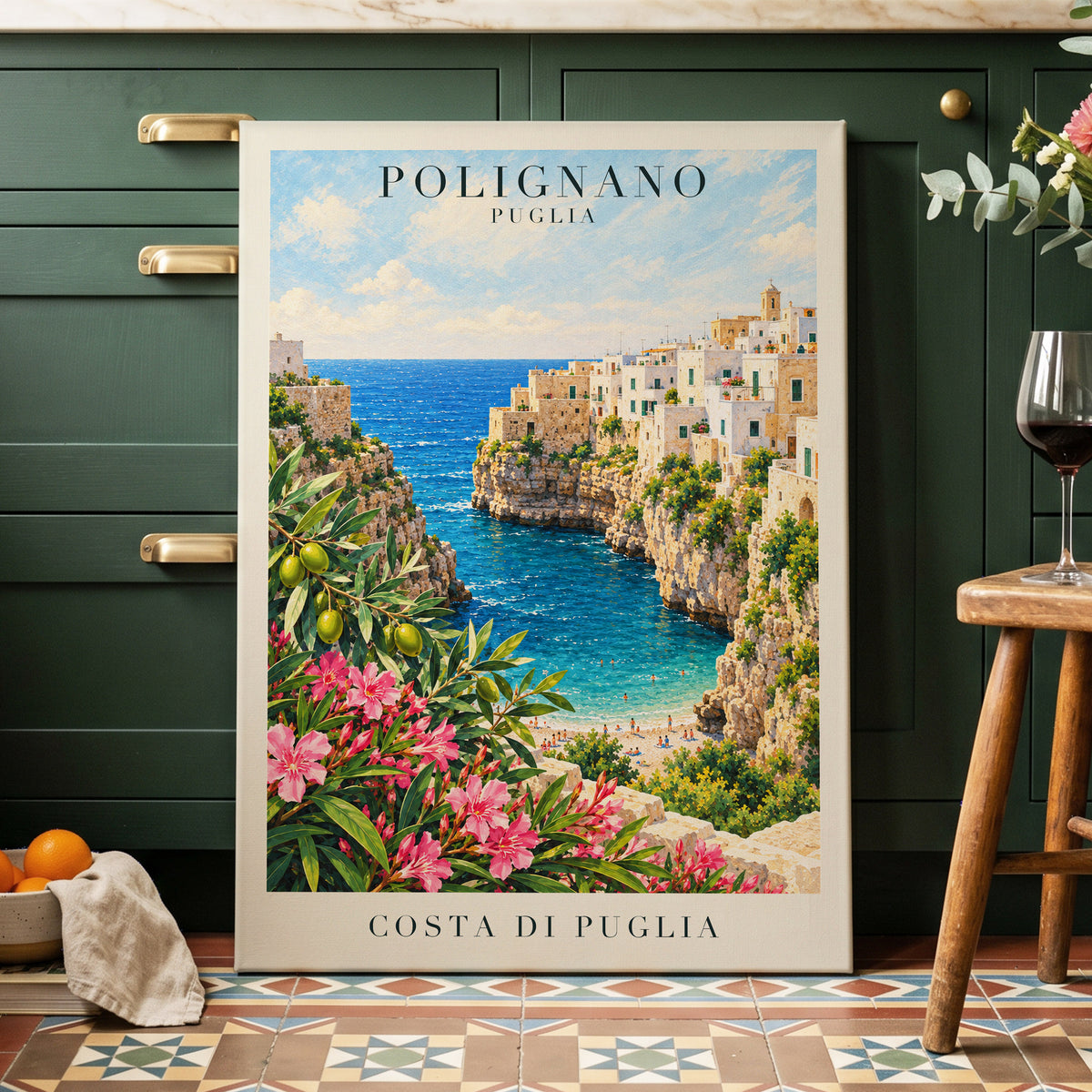 Puglia Coastal Bloom, blue, green, pink nature wall art displayed in a styled interior, gallery view 3