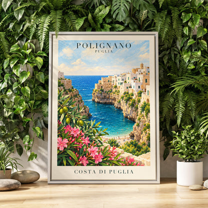 Puglia Coastal Bloom, blue, green, pink nature wall art displayed in a styled interior, gallery view 4