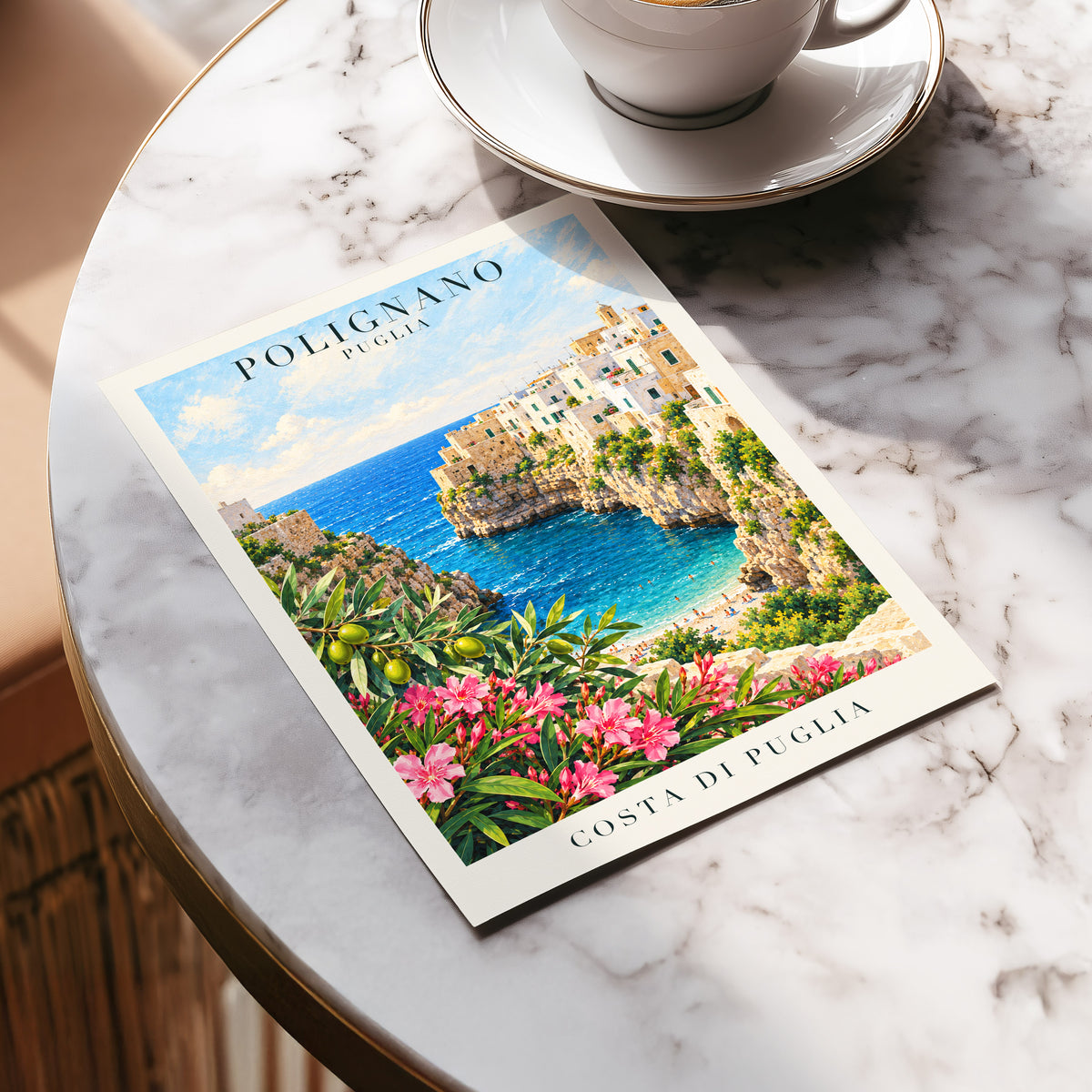 Puglia Coastal Bloom, blue, green, pink nature wall art displayed in a styled interior, gallery view 5