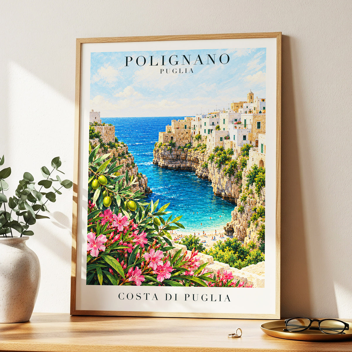 Puglia Coastal Bloom, blue, green, pink nature wall art displayed in a styled interior, gallery view 6