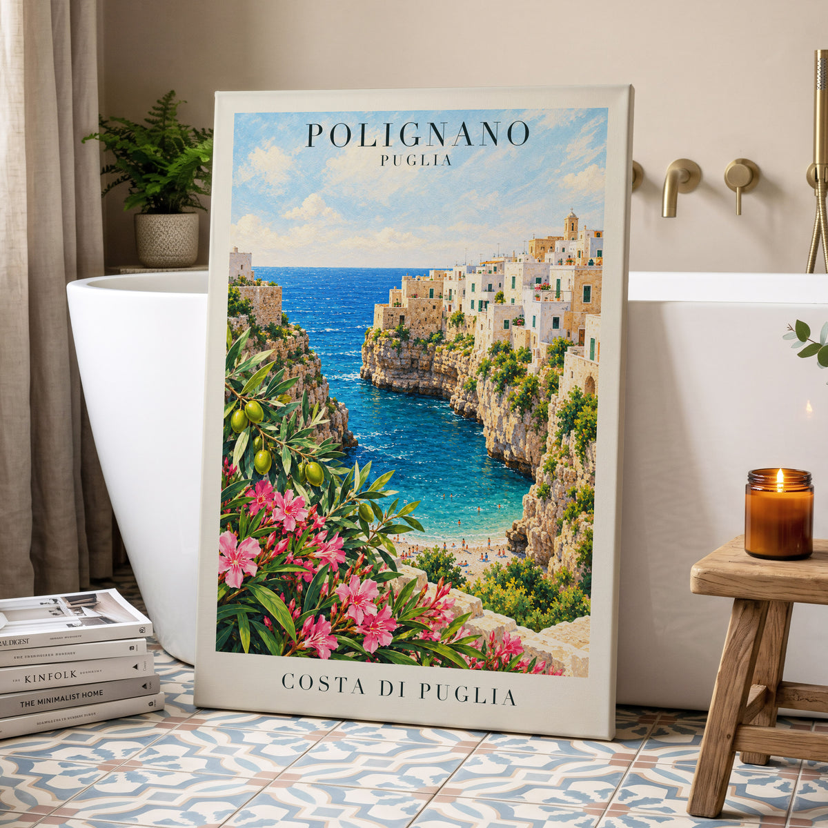 Puglia Coastal Bloom, blue, green, pink nature wall art displayed in a styled interior, gallery view 7
