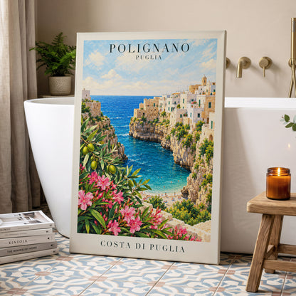 Puglia Coastal Bloom, blue, green, pink nature wall art displayed in a styled interior, gallery view 7