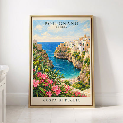 Puglia Coastal Bloom, blue, green, pink nature wall art displayed in a styled interior, gallery view 8
