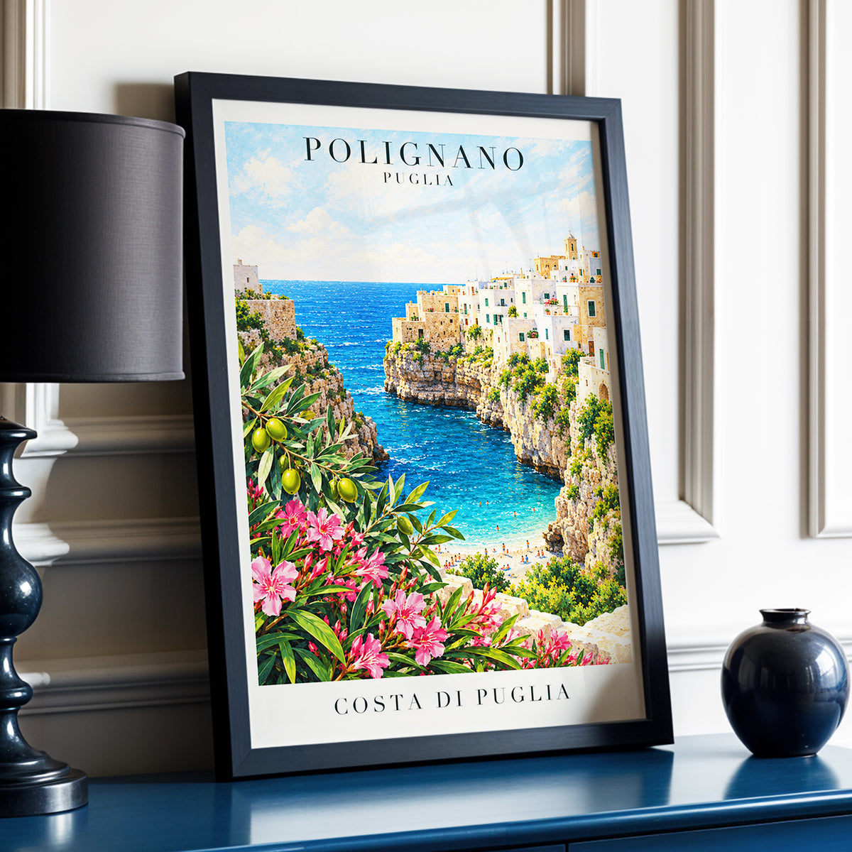 Puglia Coastal Bloom, blue, green, pink nature wall art displayed in a styled interior, gallery view 9