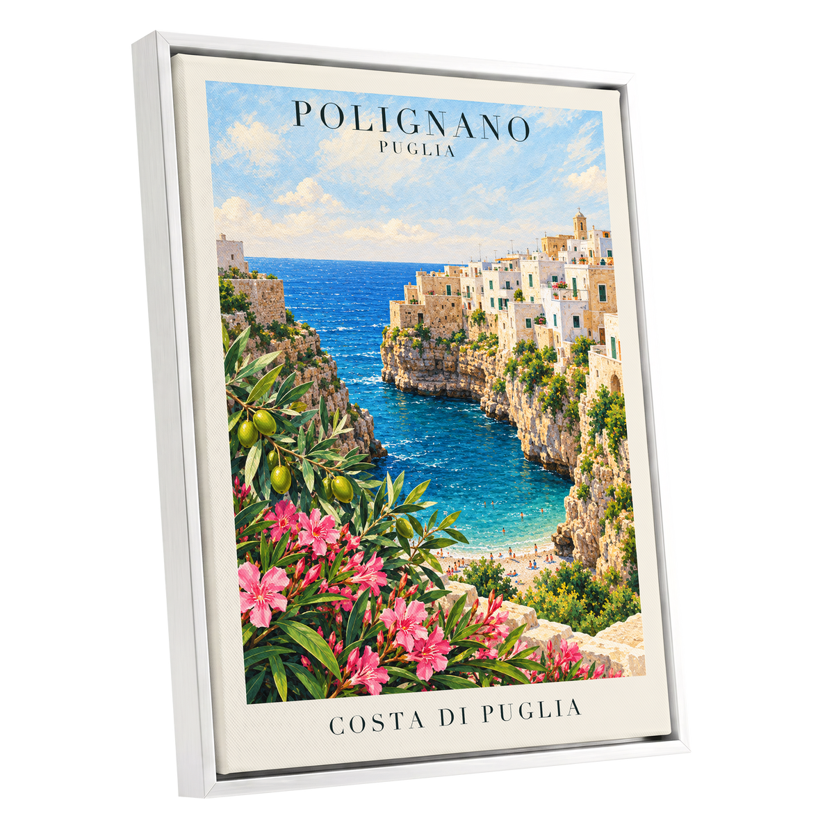 Puglia Coastal Bloom, blue, green, pink nature wall art shown as a white framed canvas wall art
