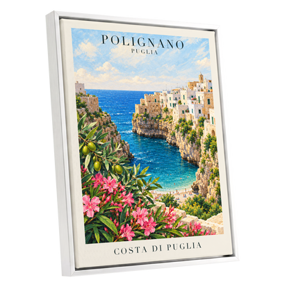 Puglia Coastal Bloom, blue, green, pink nature wall art shown as a white framed canvas wall art
