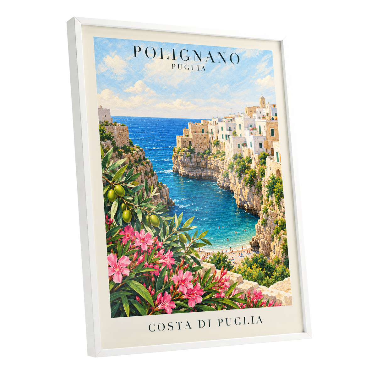 Puglia Coastal Bloom, blue, green, pink nature wall art shown as a white framed poster wall art print