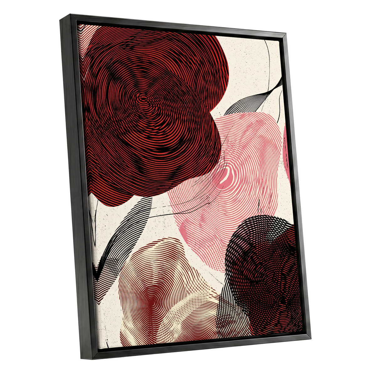 Pulse Petals, black, red, beige floral wall art shown as a black framed canvas wall art