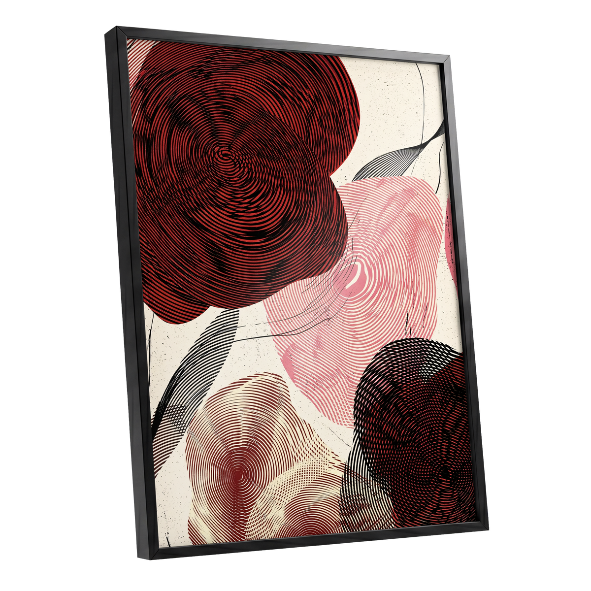 Pulse Petals, black, red, beige floral wall art shown as a black framed poster wall art print