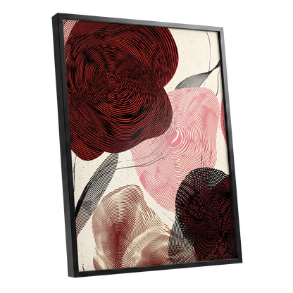 Pulse Petals, black, red, beige floral wall art shown as a black framed poster wall art print