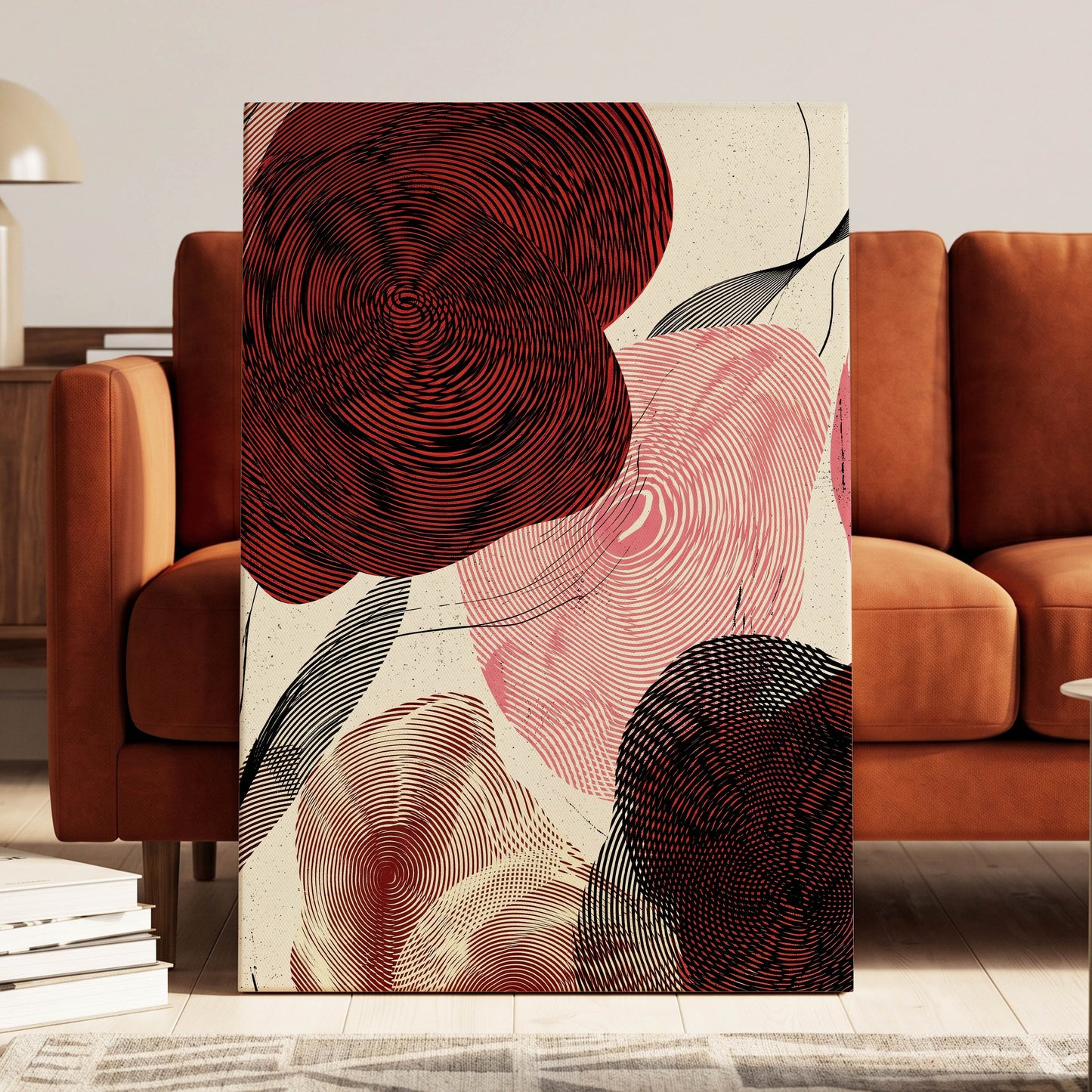 Pulse Petals, black, red, beige floral wall art on canvas displayed in a styled interior, gallery view 1