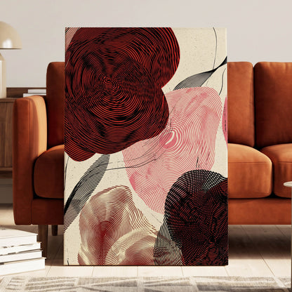 Pulse Petals, black, red, beige floral wall art on canvas displayed in a styled interior, gallery view 1