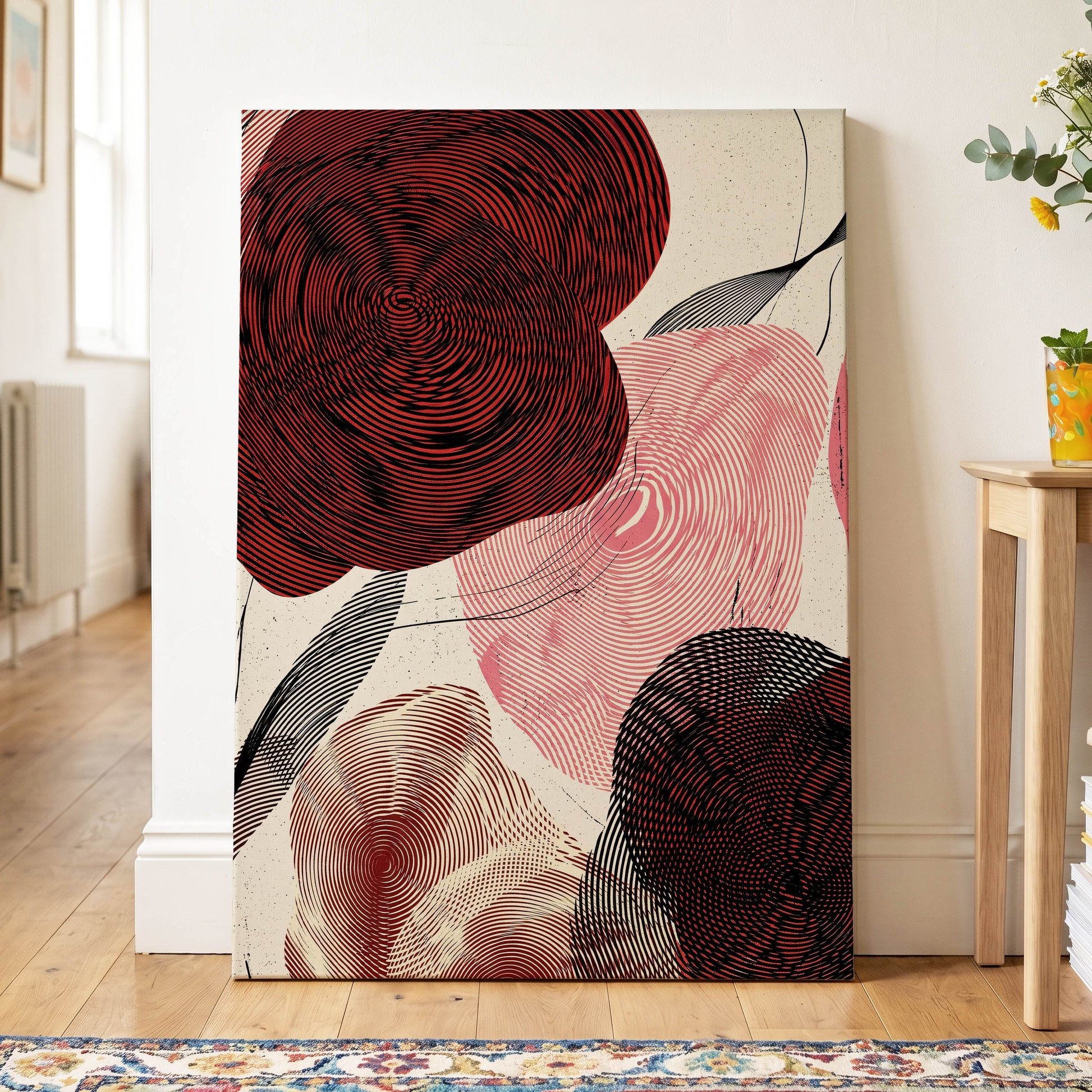 Pulse Petals, black, red, beige floral wall art on canvas displayed in a styled interior, gallery view 2
