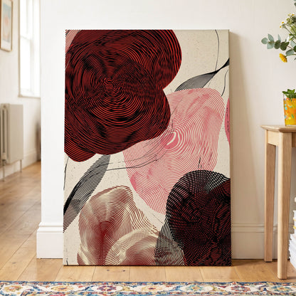 Pulse Petals, black, red, beige floral wall art on canvas displayed in a styled interior, gallery view 2