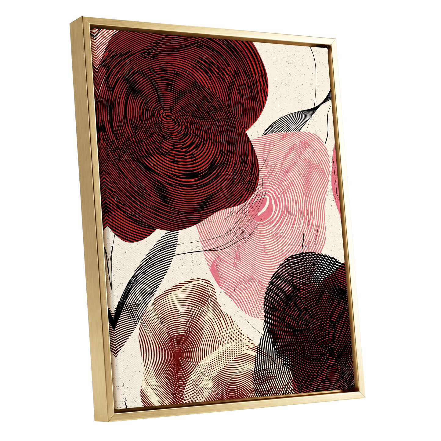 Pulse Petals, black, red, beige floral wall art shown as a gold framed canvas wall art