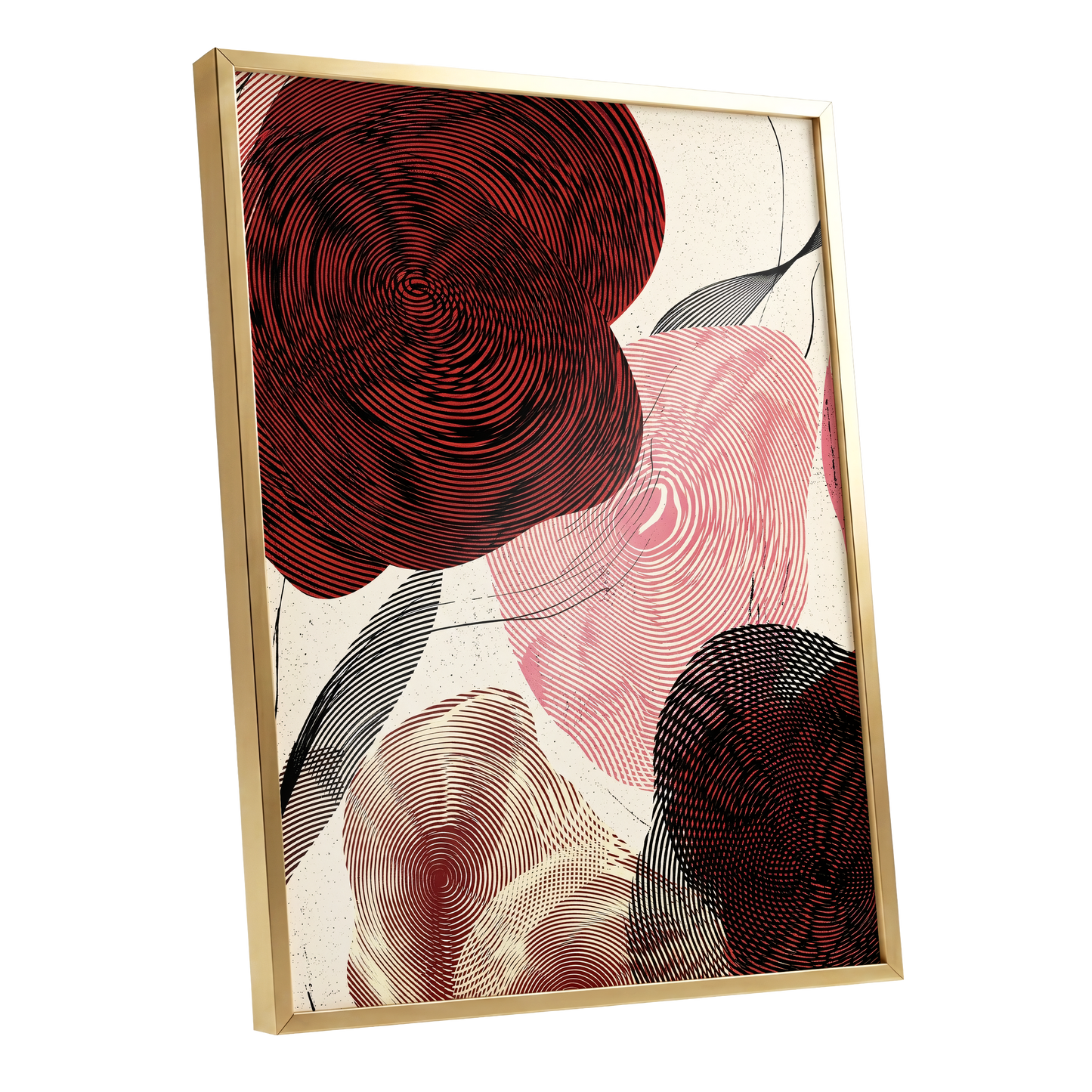 Pulse Petals, black, red, beige floral wall art shown as a gold framed poster wall art print