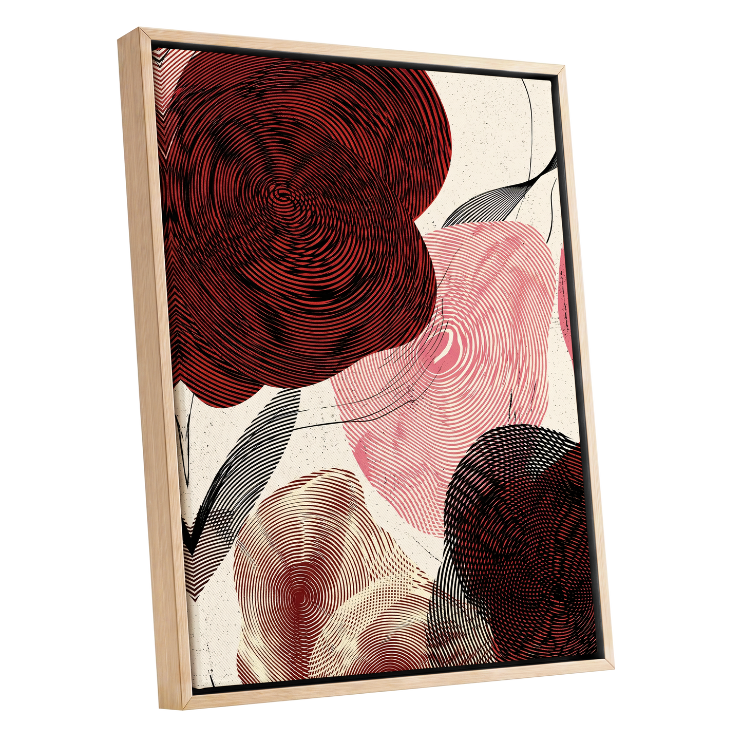 Pulse Petals, black, red, beige floral wall art shown as a oak framed canvas wall art