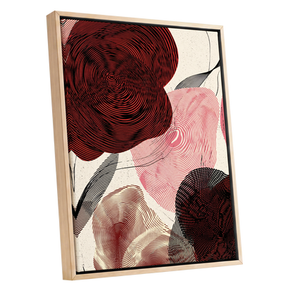 Pulse Petals, black, red, beige floral wall art shown as a oak framed canvas wall art