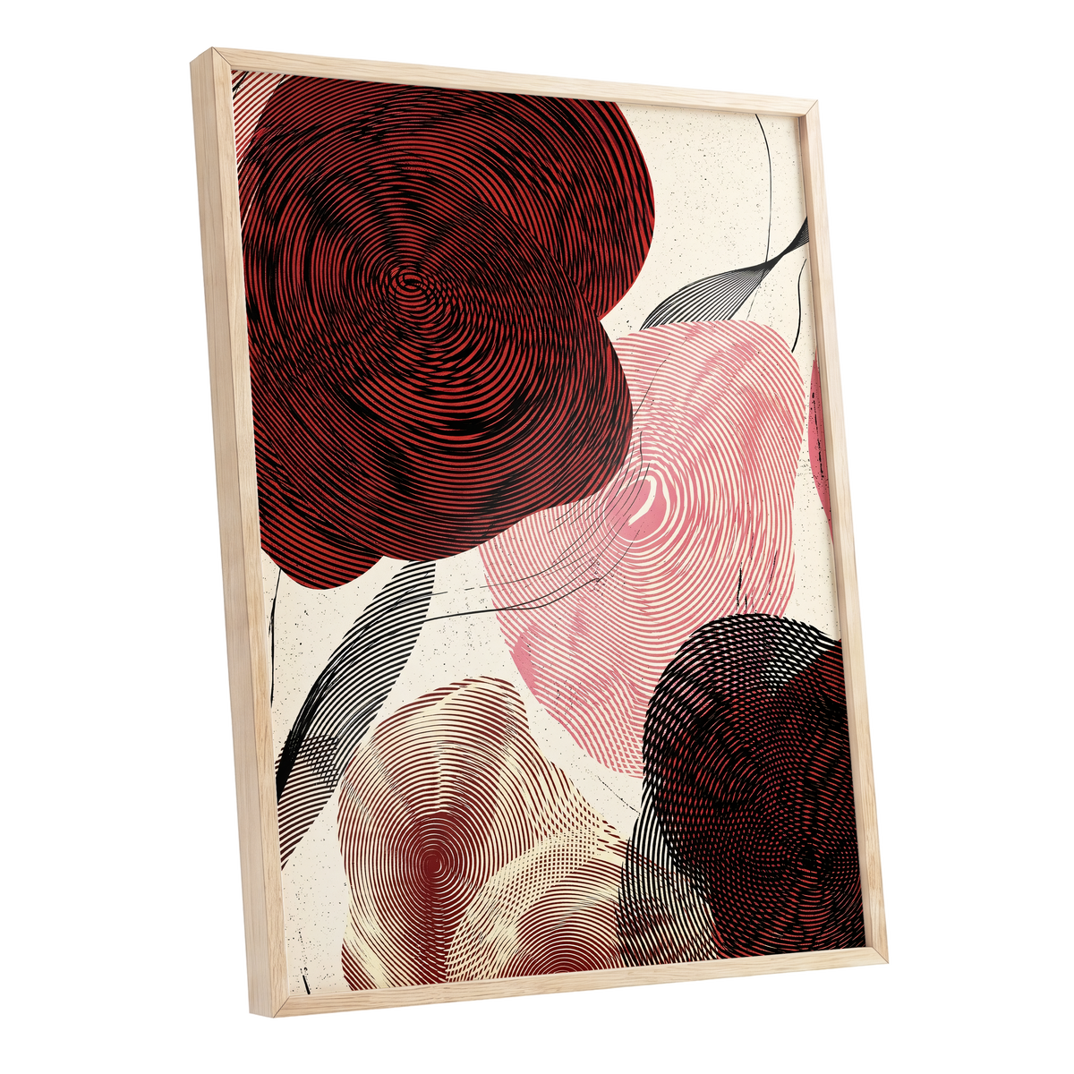 Pulse Petals, black, red, beige floral wall art shown as a oak framed poster wall art print