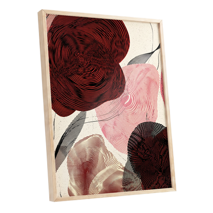 Pulse Petals, black, red, beige floral wall art shown as a oak framed poster wall art print