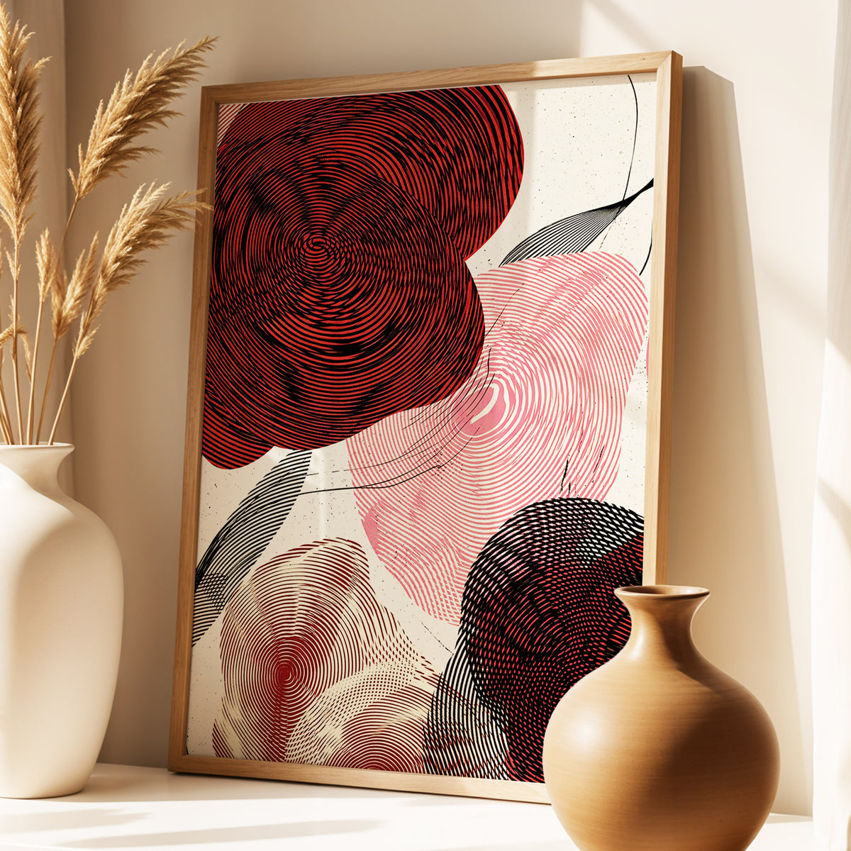 Pulse Petals, black, red, beige floral wall art displayed in a styled interior, gallery view 1