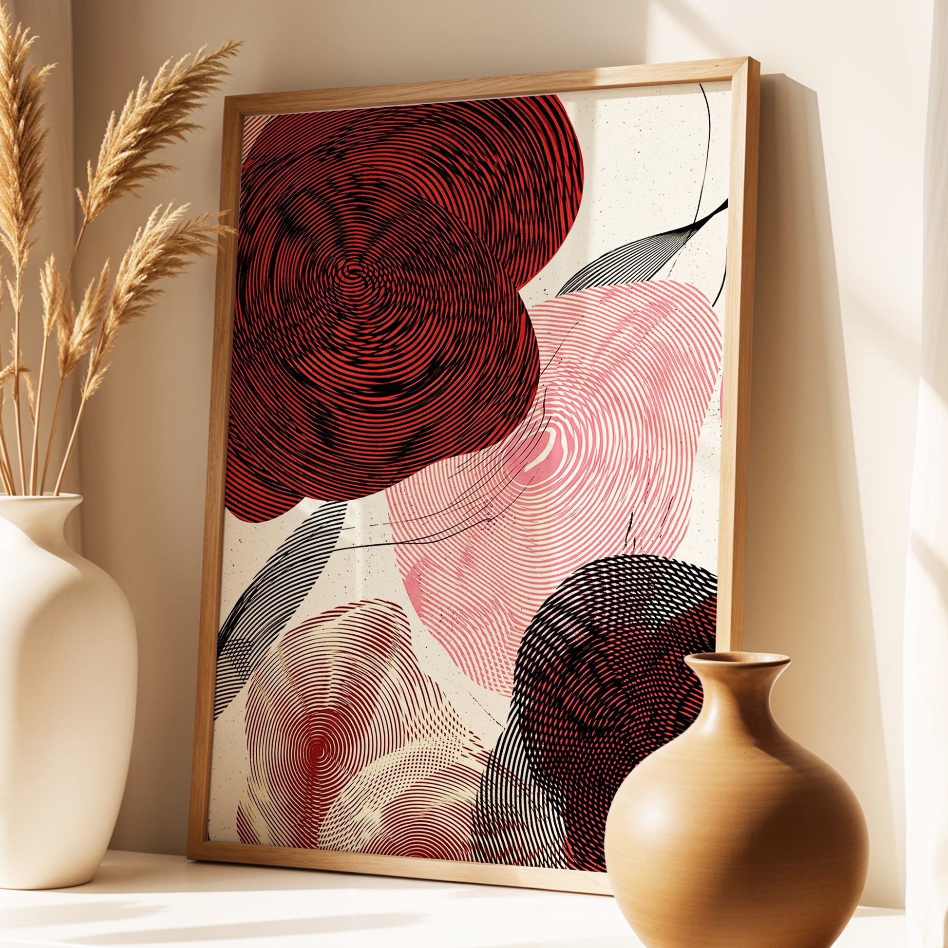 Pulse Petals, black, red, beige floral wall art displayed in a styled interior, gallery view 1