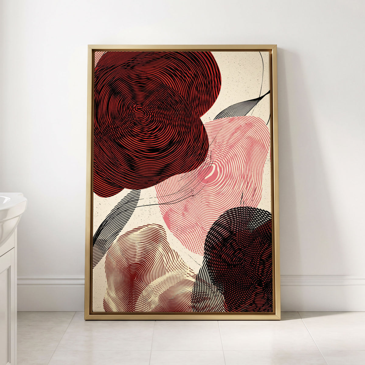 Pulse Petals, black, red, beige floral wall art displayed in a styled interior, gallery view 2