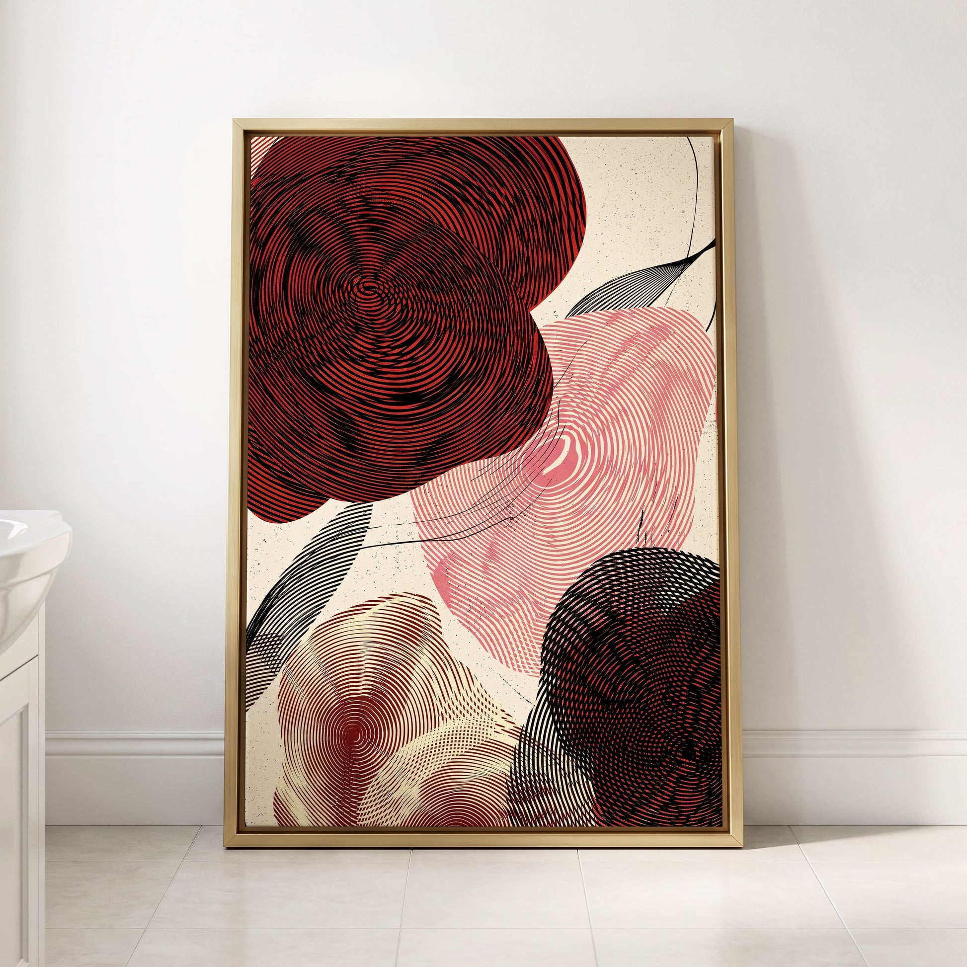 Pulse Petals, black, red, beige floral wall art displayed in a styled interior, gallery view 2