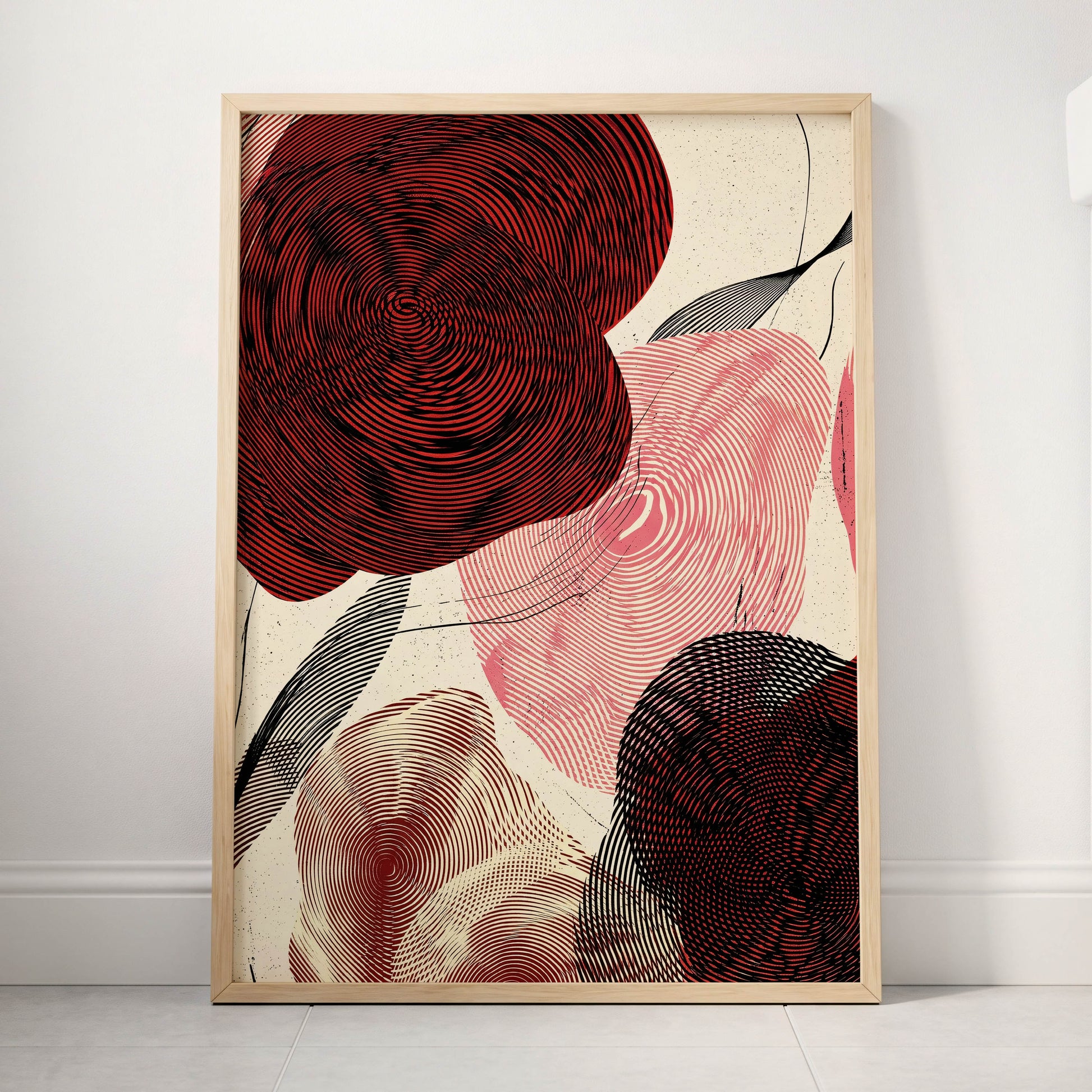 Pulse Petals, black, red, beige floral wall art displayed in a styled interior, gallery view 3