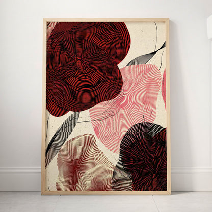 Pulse Petals, black, red, beige floral wall art displayed in a styled interior, gallery view 3