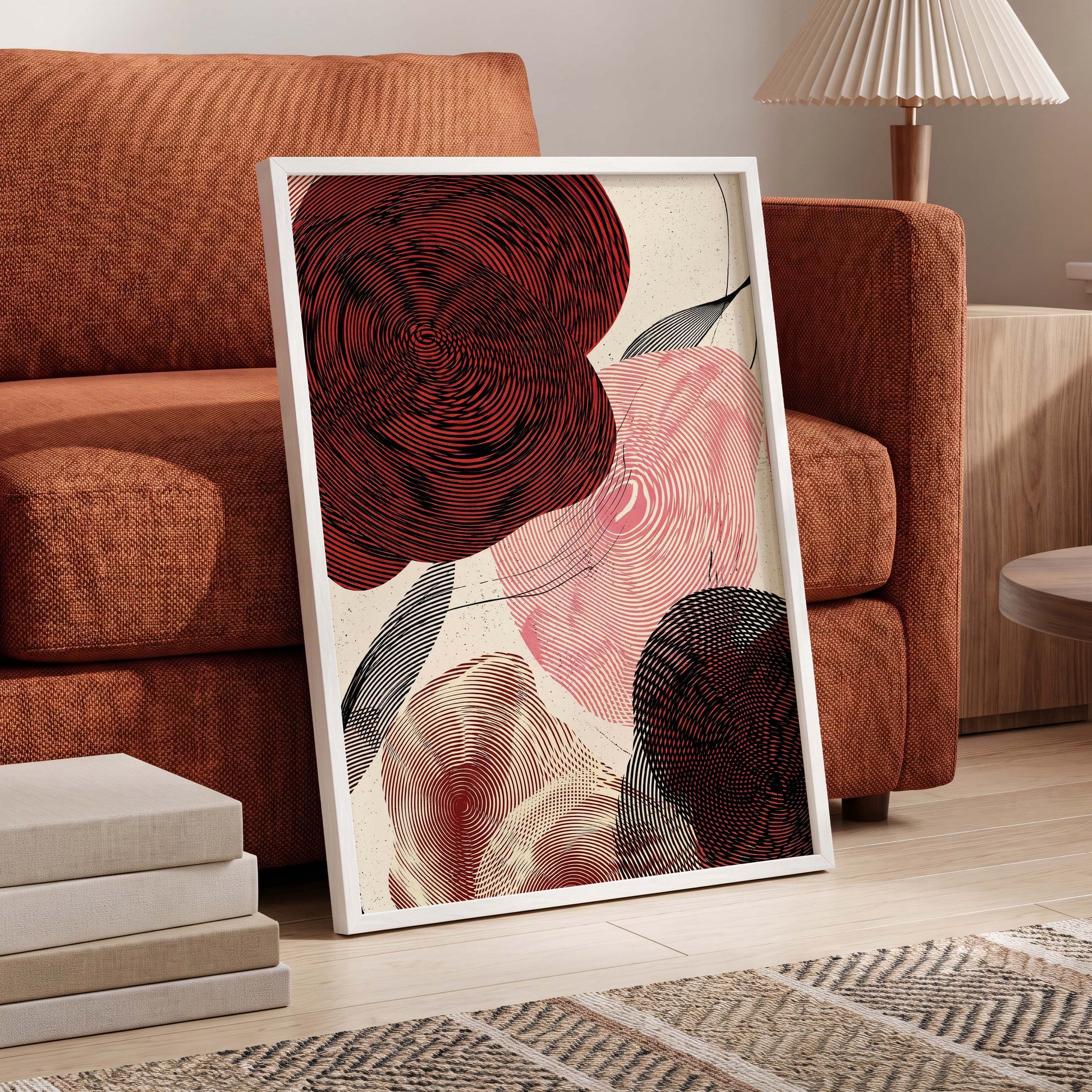 Pulse Petals, black, red, beige floral wall art displayed in a styled interior, gallery view 5