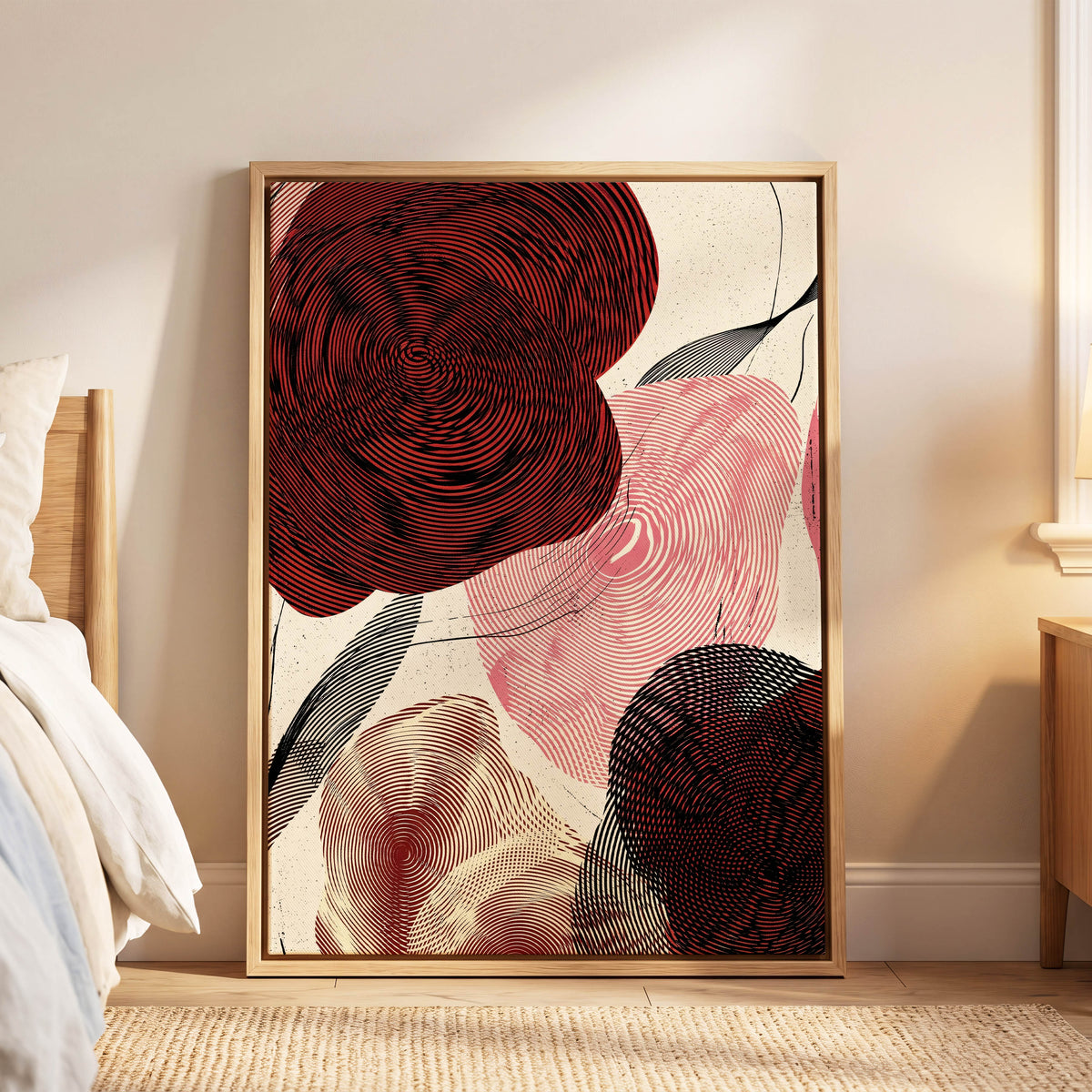 Pulse Petals, black, red, beige floral wall art displayed in a styled interior, gallery view 6