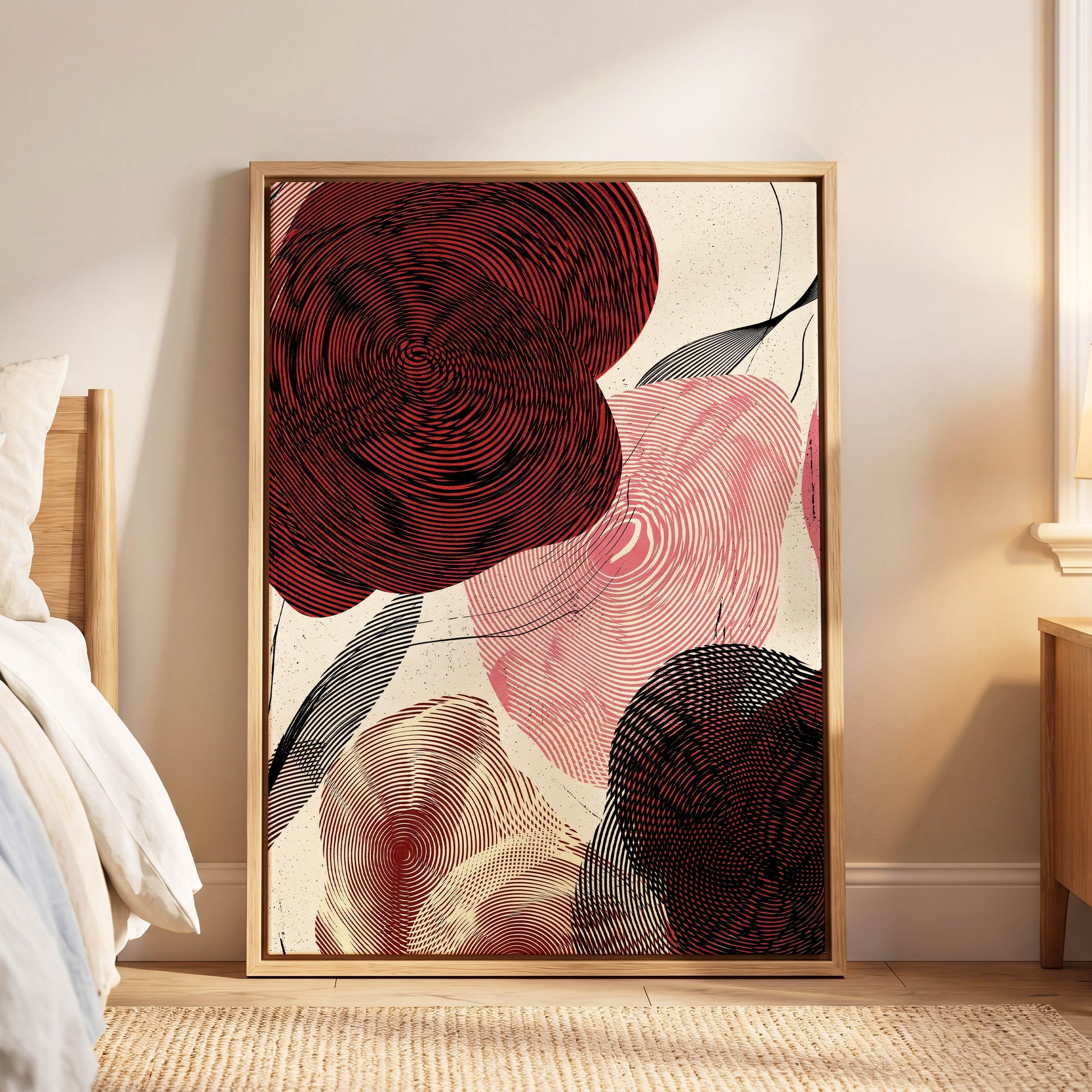 Pulse Petals, black, red, beige floral wall art displayed in a styled interior, gallery view 6