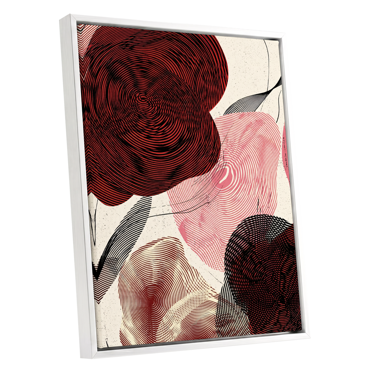 Pulse Petals, black, red, beige floral wall art shown as a white framed canvas wall art