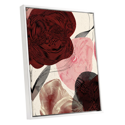 Pulse Petals, black, red, beige floral wall art shown as a white framed canvas wall art