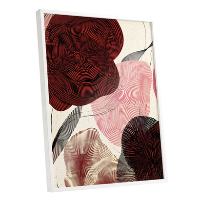 Pulse Petals, black, red, beige floral wall art shown as a white framed poster wall art print