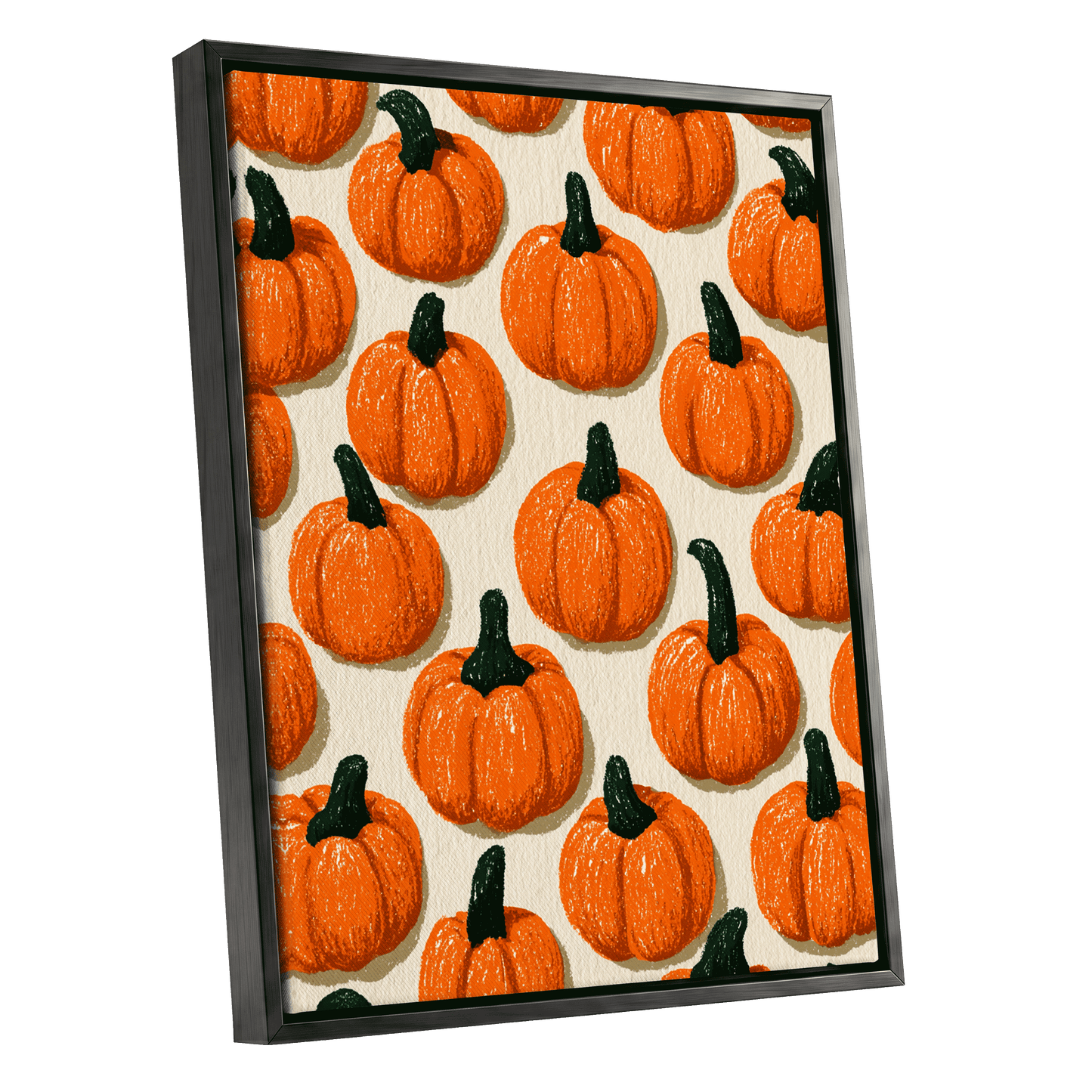 Pumpkin Parade, orange, green, beige nature wall art shown as a black framed canvas wall art