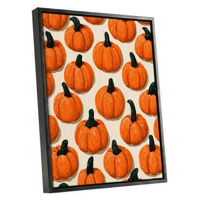 Pumpkin Parade, orange, green, beige nature wall art shown as a black framed canvas wall art