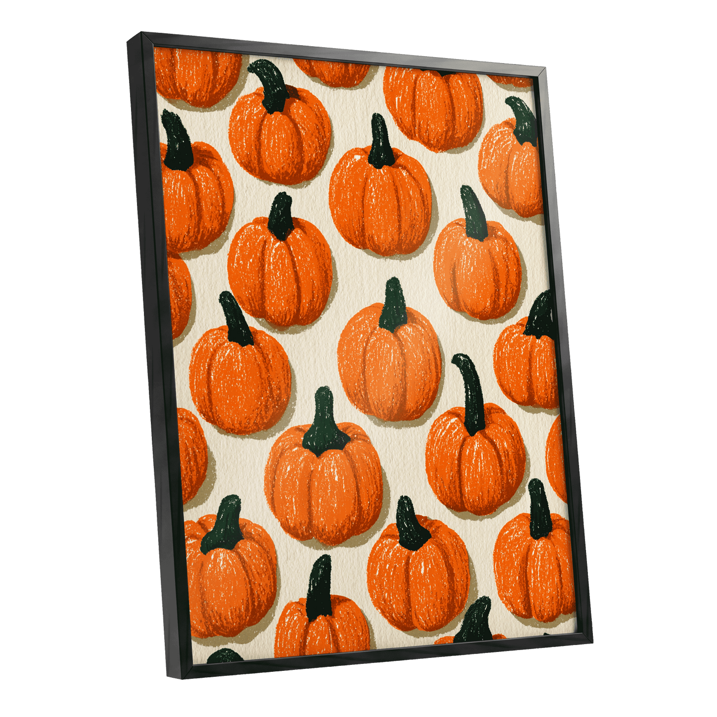 Pumpkin Parade, orange, green, beige nature wall art shown as a black framed poster wall art print