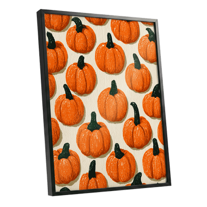Pumpkin Parade, orange, green, beige nature wall art shown as a black framed poster wall art print