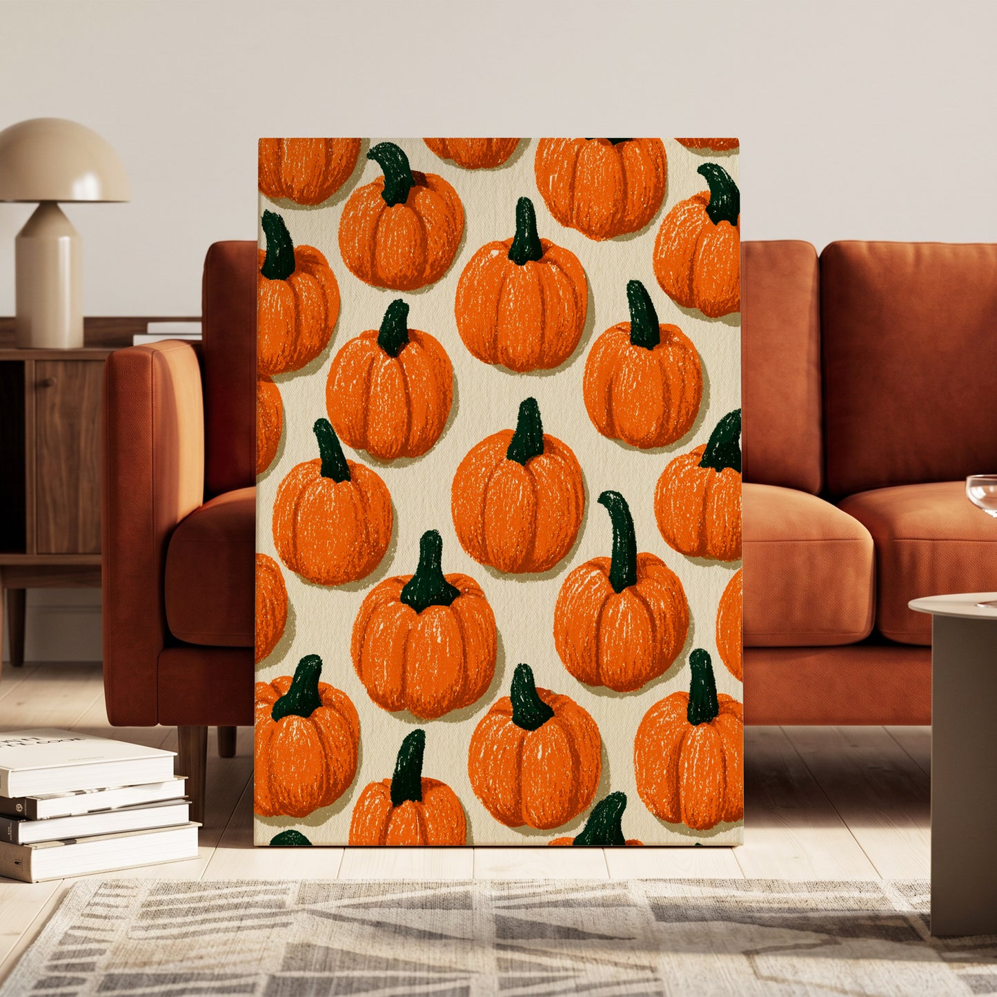 Pumpkin Parade, orange, green, beige nature wall art on canvas displayed in a styled interior, gallery view 1