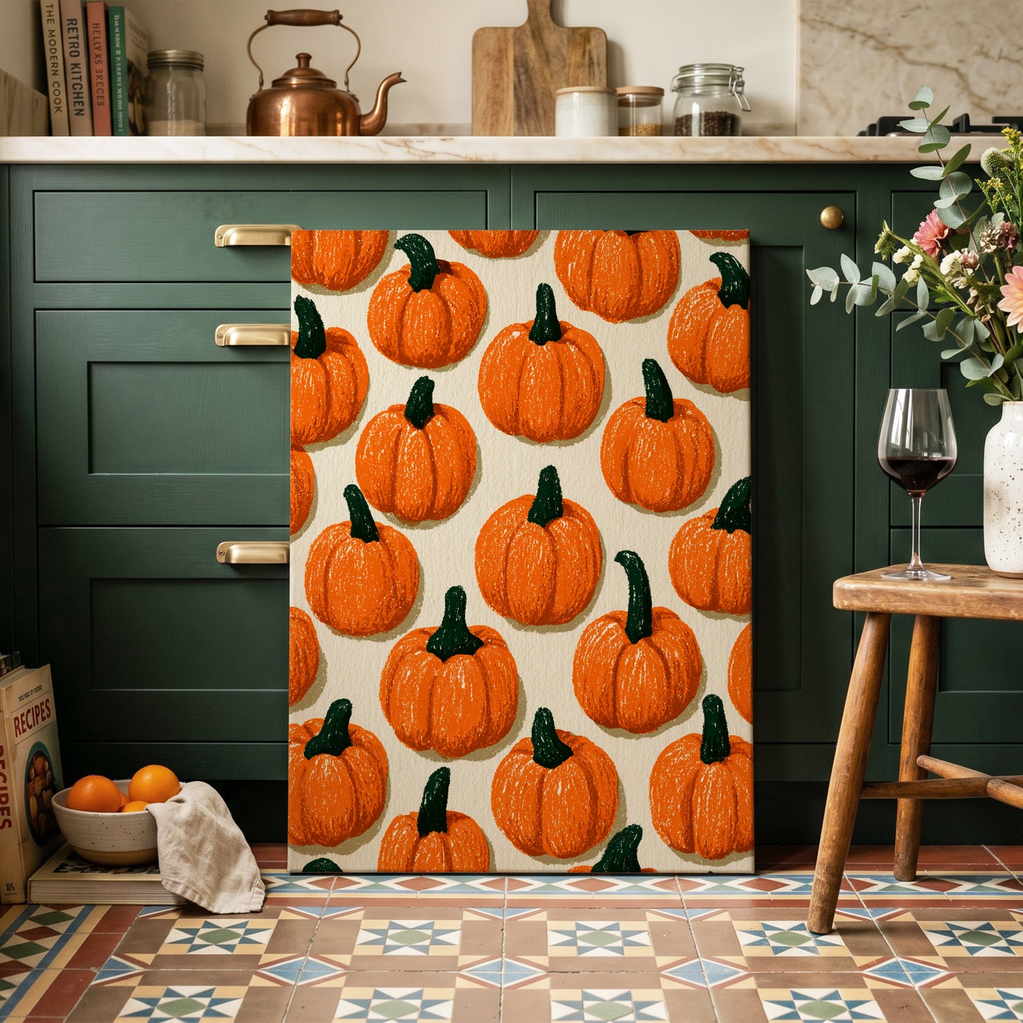 Pumpkin Parade, orange, green, beige nature wall art on canvas displayed in a styled interior, gallery view 2